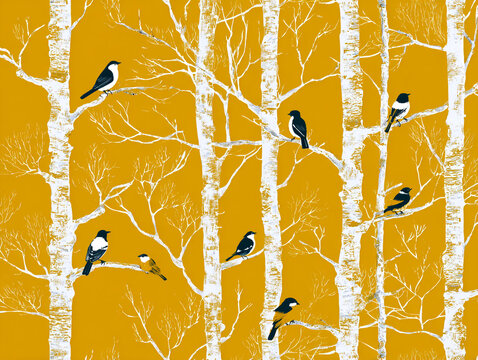 A seamless graphic illustration featuring white birch trees and small birds on a mustard yellow background, designed with simple shapes and minimalist lines.