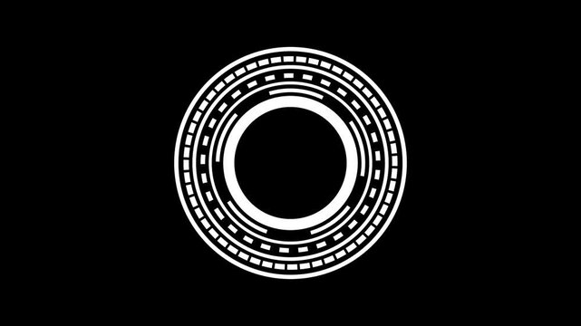 Abstract white concentric circular geometric pattern with segmented rings and dashed lines on a solid black background representing futuristic technology or a.