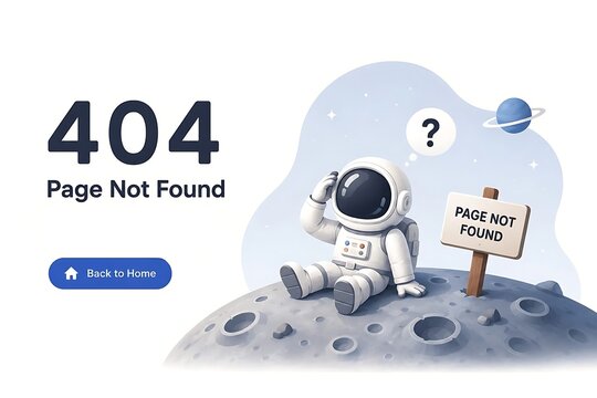 404 error page template featuring confused astronaut sitting on moon surface holding sign representing connection failure