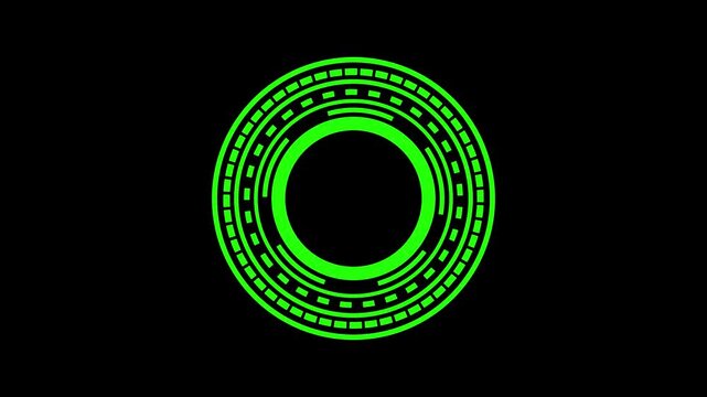 Vibrant green abstract geometric circular pattern with segmented rings and dashed lines on a solid black background symbolizing futuristic technology or a digital.