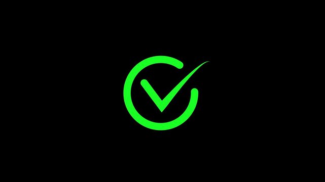 Bright green checkmark symbol inside a circular outline on a solid black background representing confirmation or completion of a task or selection.