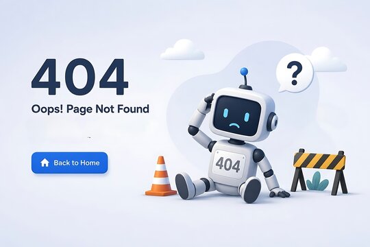 404 error page template featuring sad robot sitting near construction barrier and traffic cone for website maintenance