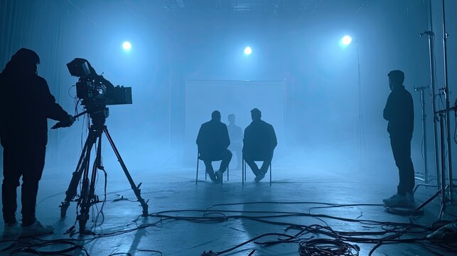 Silhouetted figures in blue-lit studio, film crew at work