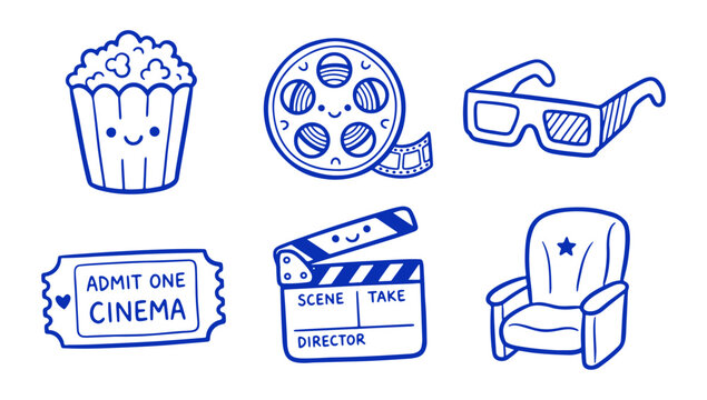 Set of cute hand drawn cinema movie icons on white background illustration