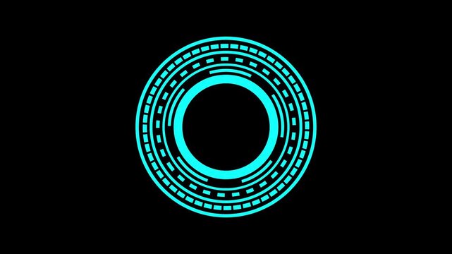 Bright cyan abstract geometric circular pattern with segmented rings and dashed lines on a solid black background representing futuristic technology or a digital.