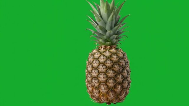 Single whole pineapple rotating smoothly on solid green chroma key background with seamless studio quality loop
