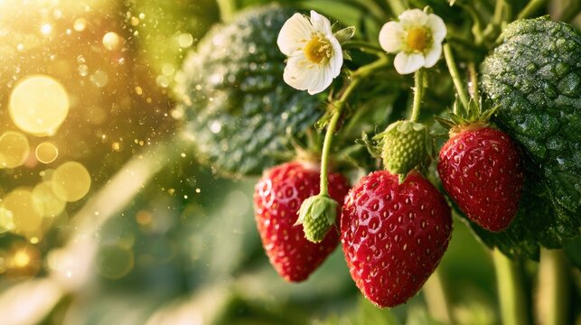 Ripe red strawberries hang from a green plant with delicate white flowers, sunlight filtering through