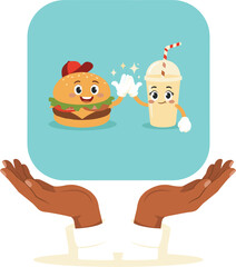 Fototapeta premium Human hands holding square app icon featuring cute cartoon burger and milkshake mascots giving high five vector illustration