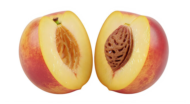 Whole nectarine and halved nectarine showing pit and juicy flesh on transparent background.