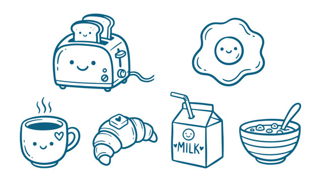 Cute breakfast food doodles with happy smiling faces in a hand drawn line style
