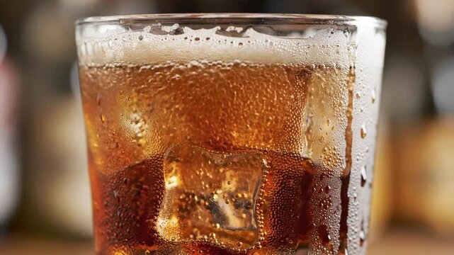 Refreshing Cola Drink with Ice - A Close-Up View.