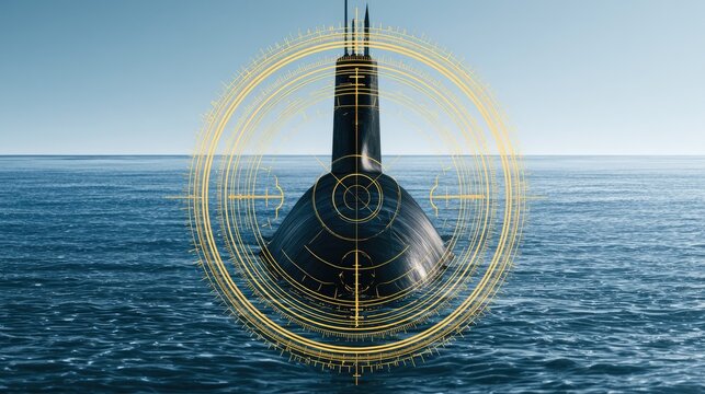 A dark naval submarine with a yellow targeting reticle overlay on open ocean
