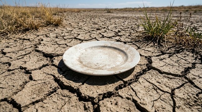 El Ni&ntilde;o parched earth with white plate symbolizing drought and climate change impact