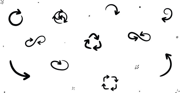 Sketchy black arrows loop icon set featuring hand drawn circular cycles recycling triangles infinity symbols and curved process pointers