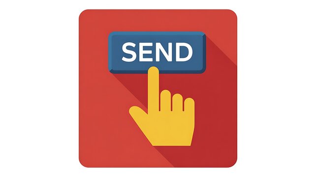 Finger pressing a blue send button on red square icon