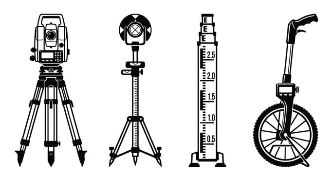 Surveying measurement equipment featuring total station prism pole level rod and wheel.