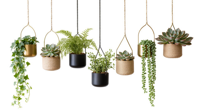 Isolated assortment of six vibrant green houseplants suspended in stylish planters.