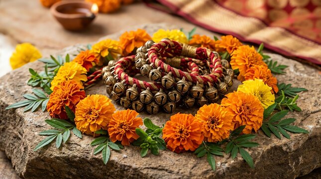Traditional Indian ghungroo anklets on stone. Ethnic dance jewelry with marigold flowers.