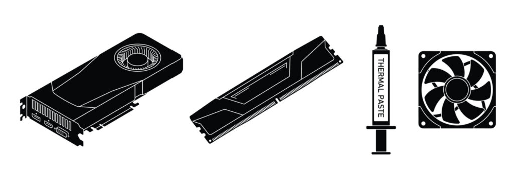 Set of computer hardware icons in isometric style isolated on transparent background.