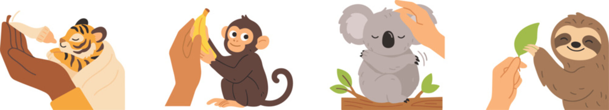 Wild animal care concept set with hands bottle feeding tiger cub peeling banana for monkey petting koala and feeding leaf to sloth vector