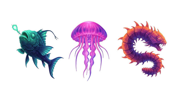 Set of Colorful Fantasy Deep Sea Monster Creatures