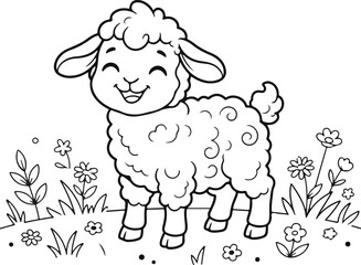Obraz premium Happy cartoon sheep standing in flower field