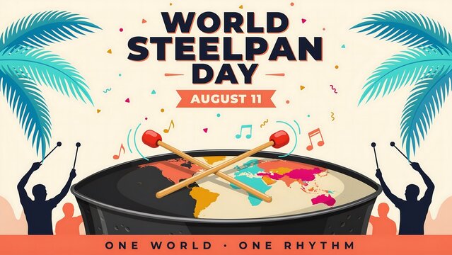 World steelpan day celebration with musicians playing drums