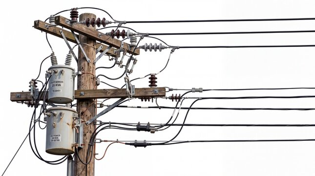 Wooden electrical utility pole with metal transformers and tangled black power lines on white background