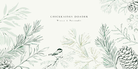 Winter botanical illustration featuring pine needles bird and pinecone details © Tithi