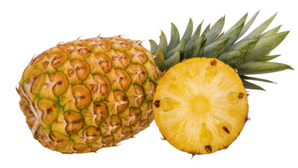 Obraz premium Isolated whole ripe pineapple with a fresh half slice, juicy and sweet tropical fruit