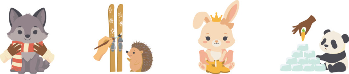 Cute winter animals craft vector set featuring wolf with scarf, painting hedgehog skis, rabbit in boots, and panda building igloo © Md