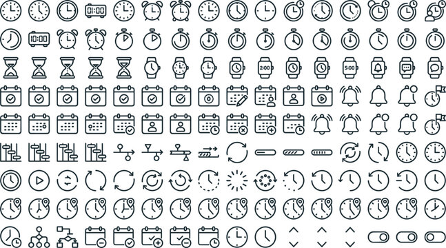 Mega time management line icon bundle containing wristwatches alarms stopwatches hour glasses calendar planners gantt charts deadlines scheduling loops and history tracking vector symbols