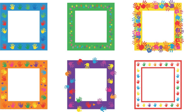 Frames decorated with colorful handprints provide a playful and creative border for educational projects today.