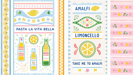 Italian themed floral ornament with lemons bottles and text a colorful vector illustration amalfi coast citrus decoration © ChampaRani
