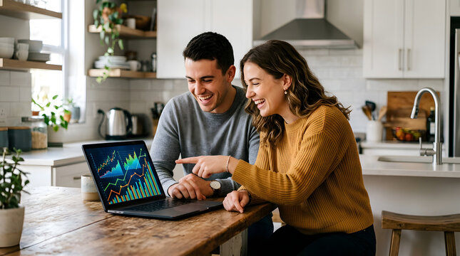 A young couple analyzing financial data on a laptop in their modern kitchen