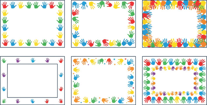 Colorful handprint border set, vibrant children hand print frame collection, primary color handprint vector backgrounds for school and education