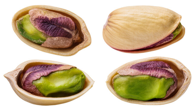Isolated ripe pistachios with open and closed shells showing green kernels, healthy snack food.