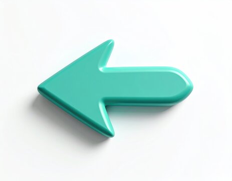 A glossy turquoise arrow points left against a pure white background