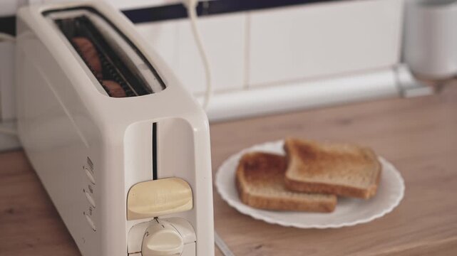 Two slices of bread are placed into a toaster. The toaster browns the bread. Toast pops up, and the bread is served on a plate. A kitchen setting is shown during breakfast.