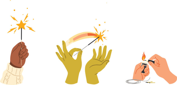 Hands holding sparkling firework magic wand star sparks waving burning stick and lighting fuse with lighter vector set