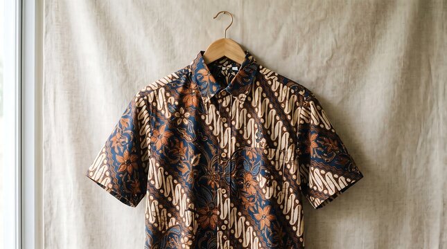 Traditional Indonesian Batik Shirt with Parang Motif on Wooden Hanger