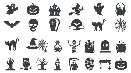 Fototapeta premium Black silhouette Halloween icons for spooky themed designs.