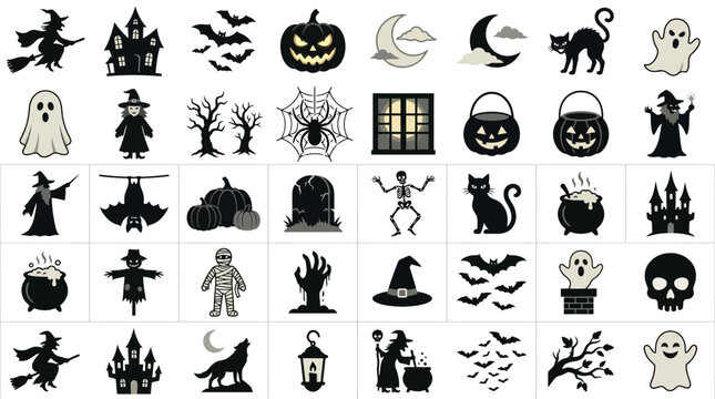 Black silhouette Halloween icons for spooky designs.