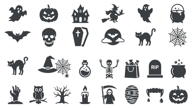 Black silhouette Halloween icons for spooky themed designs.
