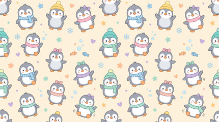 Obraz premium Cute Kawaii Penguins Wearing Scarves and Hats Pattern Design Baby Animals