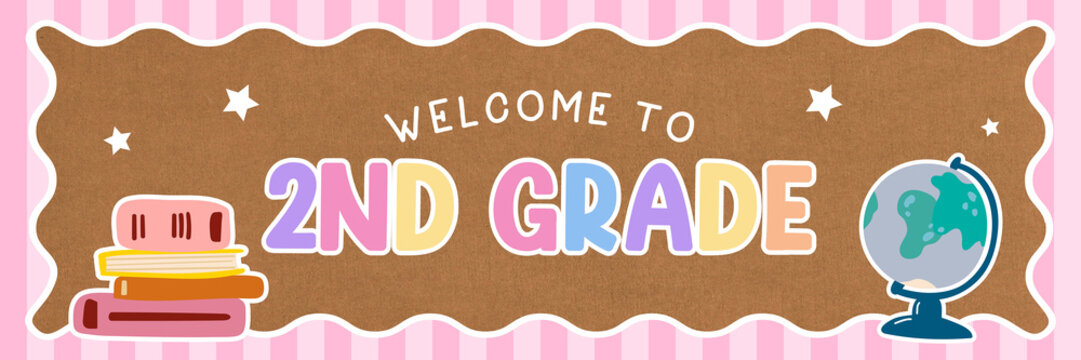 Cute Second Grade Welcome Banner with Books and Globe Background
