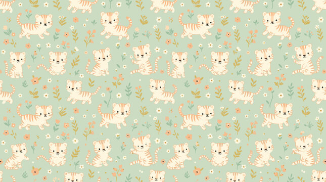 Seamless Pattern of Cute Baby Tigers and Flowers for Kids Designs