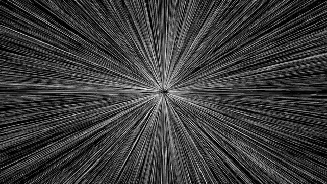 White comic speed trails rushing across a black background, anime-style acceleration animation with seamless looping radial motion for action transitions and visual effects in 4K.