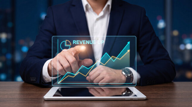 man points to glowing chart interface on tablet to analyze revenue growth, forecast quarterly earnings, compare market share, present financial data, and support strategic planning