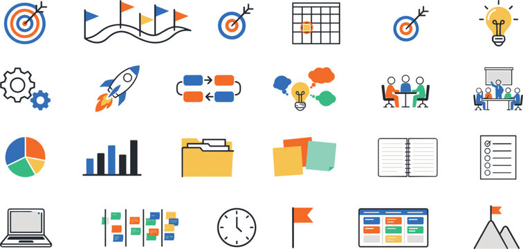 Agile project management and scrum workflow flat icon set featuring kanban board roadmap target rocket idea brainstorming meeting timeline vector illustration